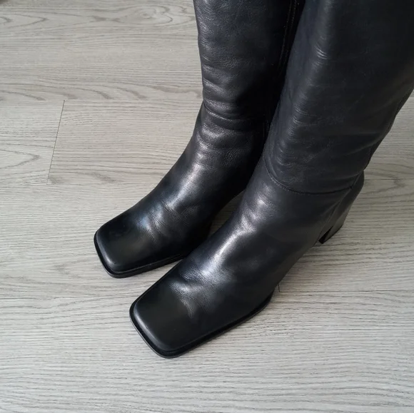 90's Nine West Vintage Y2K Square Toe High Black Leather Boots - Picture 4 of 16